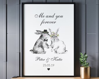 Bunny rabbit Valentines Day gift for him or her. Personalised Wedding present, gift for fiance, boyfriend, girlfriend, husband, wife