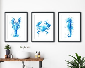 blue coastal wall art, Set of 1, 2, 3, 4, 5 OR 6 sea life prints, watercolour splash style ocean prints, octopus, crab, seahorse.