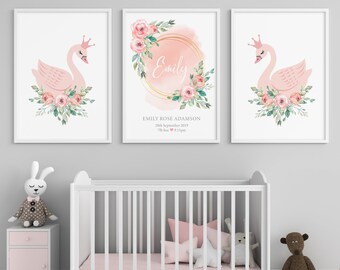 Set of 3 swan prints for baby girls nursery decor, flowers name and birth details, swans with matching flowers. Gift for newborn baby girl.