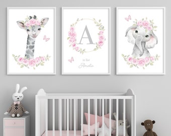 Set of 3 grey and pink nursery prints, roses animal prints for baby girls decor, pretty pink flowers, choice of animals, lion, elephant.