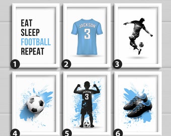 Football bedroom prints, Pick your own, Set of 1, 2, 3, 4, 5 OR 6, boys wall art, eat sleep football repeat, Footballer illustrations.