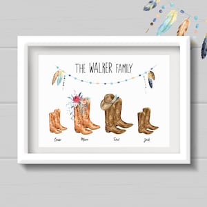 Cowboy Boots Family Personalised Print with Feathers. Family Wall Art for Country Music Lovers. Fathers Day Gift.