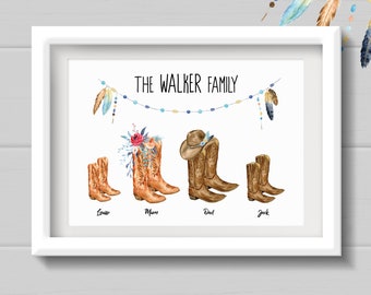 Cowboy Boots Family Personalised Print with Feathers. Family Wall Art for Country Music Lovers. Fathers Day Gift.