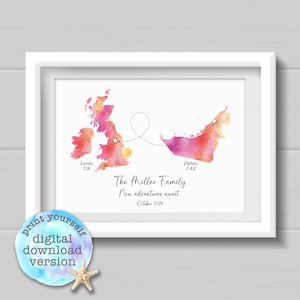 DRUCKBAR Umzug ins Ausland Geschenk, personalisierte Aquarell Style Map Print, DIGITAL DOWNLOAD zum selbst drucken, Reisegeschenk, jedes Land.