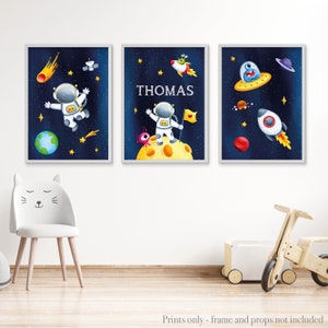 Set of 3 Space prints for boys room, Personalised Outer Space Prints, Outer Space Nursery Decor with planets, astronauts and aliens.