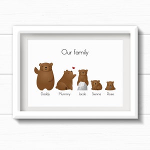 Bear family Father’s Day gift for Dad. Brown Bear Family Personalised Print, Family Names Wall Art Picture with bears, Family wall decor