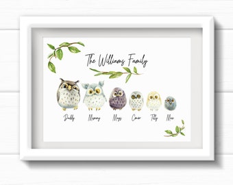 Personalised Owl Family Print with Names, Mothers Day gift for Dad or mum. Watercolour style cute fluffy owls, Wall Art decor