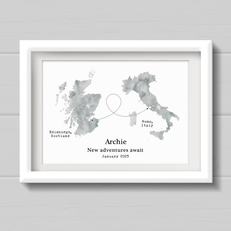 Moving countries gift, Personalised Watercolour Style Map Print, travel gift for friend moving countries in any colour. image 5