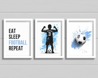 Set of 3 personalised football prints, Boys bedroom wall art, any colour with name, teen decor, eat sleep football repeat.