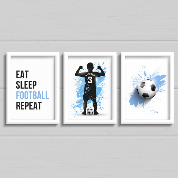 Set of 3 personalised football prints, Boys bedroom wall art, any colour with name, teen decor, eat sleep football repeat.