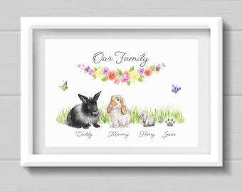 Rabbit Family Print, Personalised gift for rabbit lovers, gift for mum, Animal family wall Art decor, Birthday present