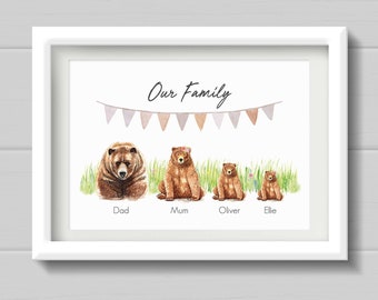 Fathers Day Gift for Dad. Watercolour style Brown Bear Family Personalised Print with Names, Wall Art Picture with bears, Family wall decor