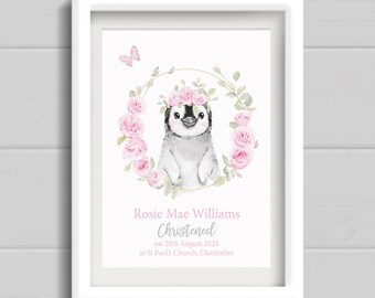 Girls Christening Gift, Personalised Print with pretty pink Flower Wreath and cute animal, present For goddaughter or girl