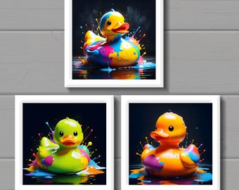 Quirky bathroom prints, colourful duck wall art, rubber ducks bath time poster, digital file or printed, square room decor, colour splashes.