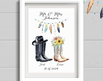 Personalised country themed Wedding gift. Cowboy Boots Print for Anniversary Present. Couples Wall Art for Country and Western Music Lovers.