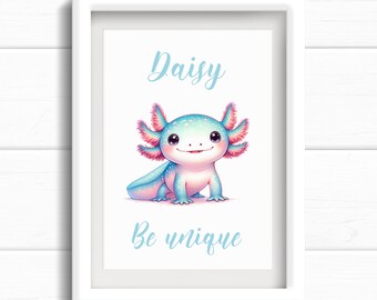 Personalised axolotl print, gift for girls bedroom or nursery. Cute axolotl print, present for girls birthday. Pastel colours, be younique.