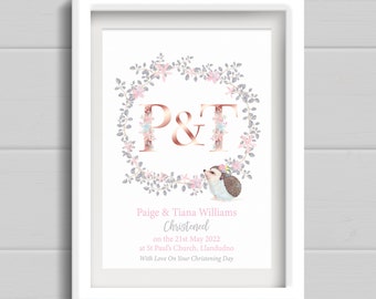 Girls Joint Christening Gift. Personalised Print with grey and baby pink Flower Wreath and Rose Gold initial. For goddaughter or friend