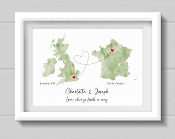 Long distance relationship gift, Personalised Valentines Day present for fiancé, boyfriend or girlfriend, Watercolour Style Map Print.