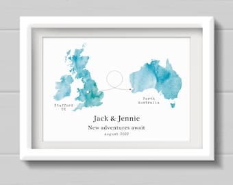 Moving countries gift, Personalised Watercolour Style Map Print, travel gift for friend moving countries in any colour.