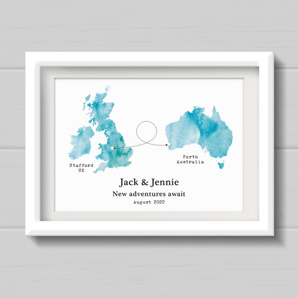 Moving countries gift, Personalised Watercolour Style Map Print, travel gift for friend moving countries in any colour.