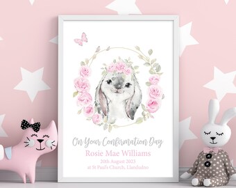 Girls Confirmation Day Gift, Naming Day, Christening or Baptism present, Personalised Print with pretty pink Flower Wreath and cute animal.