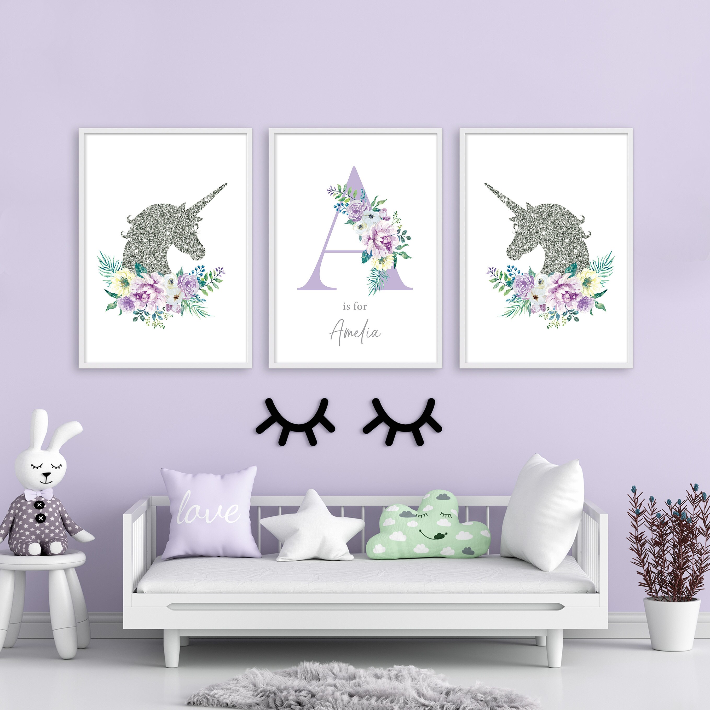 Set of 3 unicorn prints for girls bedroom or nursery Purple | Etsy