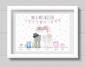 Welly Wedding Print. Personalised Wedding Gift. Wellington Boots Print with confetti for Anniversary Present. Family Wedding Day Keepsake.