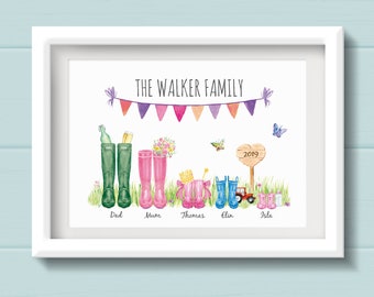 Mothers Day gift, Personalised Family Welly Boots Print with grass. Christmas gift for Grandma, Nan, Gran, Nain