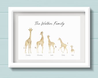 Birthday gift for Dad. Personalised Giraffe Family Print. Giraffes with surname and family names. Birthday present for Grandad