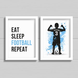 Boys Football Gift, Set of 2 Personalised Prints, Boys bedroom art, any colour with name, eat sleep football repeat.