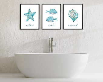 Relax soak unwind, Set of 3 bathroom shell prints, teal green/blue beach wall art, starfish, fish and shell, coastal decor.