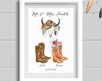 Personalised Wedding gift. Cowboy Boots Print for Anniversary Present. Couples Wall Art for Country Music Lovers. Housewarming Gift