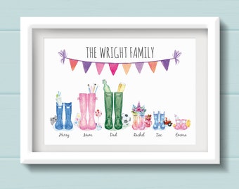 Welly Boot Personalised Family Print. Mothers Day or Birthday Gift for mum or grandma. Wellington Boots Housewarming Gift. New Home Present.