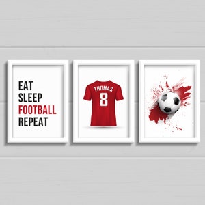 Set of 3 personalised football Boys bedroom wall art, any colour football shirt prints with name, teen decor, eat sleep football repeat.