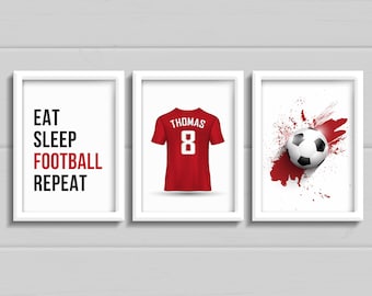 Set of 3 personalised football Boys bedroom wall art, any colour football shirt prints with name, teen decor, eat sleep football repeat.