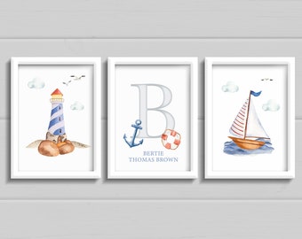 Set of 3 Nautical nursery prints, boys room wall art, red and blue bedroom prints personalised with name, boat and lighthouse.