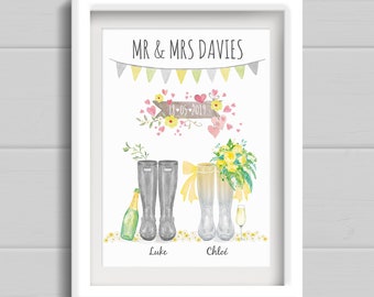Spring Wedding Gift. Personalised Wedding Welly Boot Print. Anniversary Present with couples name. Pale yellow, grey, and green Wedding.