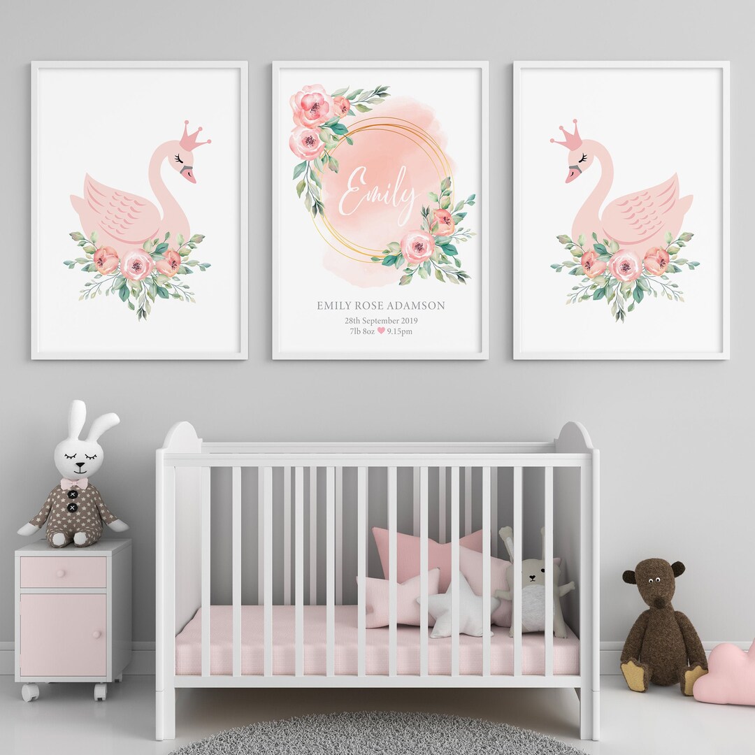 Set of 3 Swan Prints for Baby Girls Nursery Decor, Flowers Name and ...