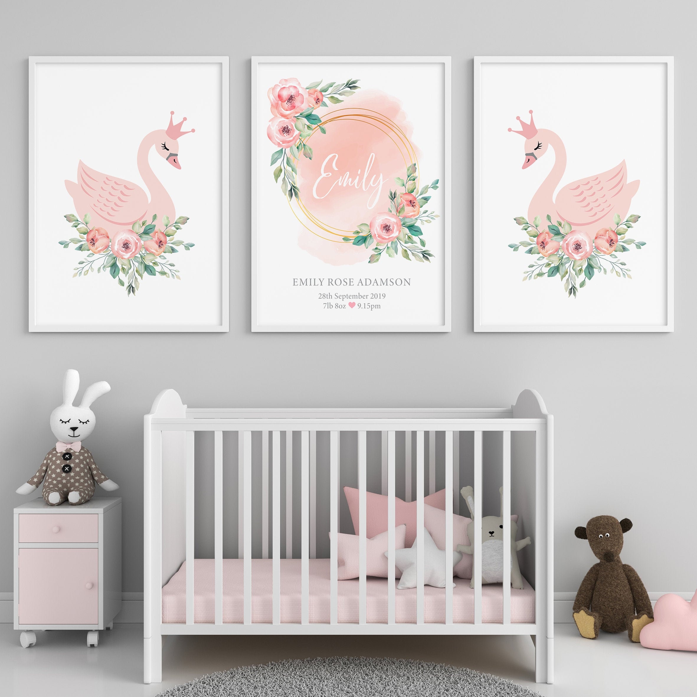 Set of 3 Swan Prints for Baby Girls Nursery Decor, Flowers Name and ...