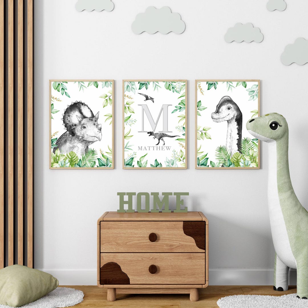 Dinosaur Nursery Prints: Set of 3 Green & Grey Dino Wall Art - Etsy UK