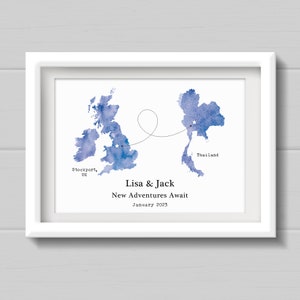 Moving countries gift, Personalised Watercolour Style Map Print, travel gift for friend moving countries in any colour. Blue