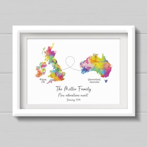May include: A watercolour map print with a dotted line connecting Wigan, UK to Queensland, Australia. The text reads "The Miller Family New adventures await January 2024".