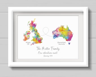 Moving abroad gift, Personalised Watercolour Style Map Print, travel gift, friend moving countries in any colour, Australia or any countries