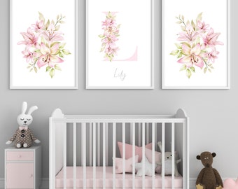 Set of 3 pink lilies prints for girls nursery, bedroom wall decor, Personalised Floral Initial with name, pretty pastel pink green and white