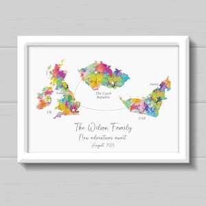 May include: A framed watercolour map print showing the UK, Czech Republic, and UAE, with city markers and connecting lines. The text reads "The Wilson Family, New adventures await, August 2025." The map is in a white frame.