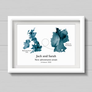 Moving countries gift, Personalised Watercolour Style Map Print, travel gift for friend moving countries in any colour. image 4