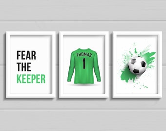 Goalkeeper football prints for Boys bedroom decor, set of 3 goalie shirt prints with name, fear the keeper gift, eat sleep football repeat.