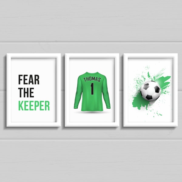 Goalkeeper football prints for Boys bedroom decor, set of 3 goalie shirt prints with name, fear the keeper gift, eat sleep football repeat.