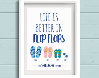 Life is better in flip flops, Personalised Flip Flops Family Wall Art, Coastal decor, Birthday Gift, Family print for beach loving family.