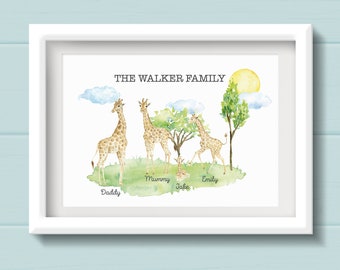 Birthday gift. Personalised Giraffe Family Print with scenic background, Giraffes and family names. Ideal gift for Mum and Dad